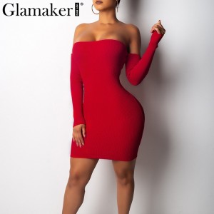 Sexy knitted off shoulder bodycon dress Women backless lace up mini dress